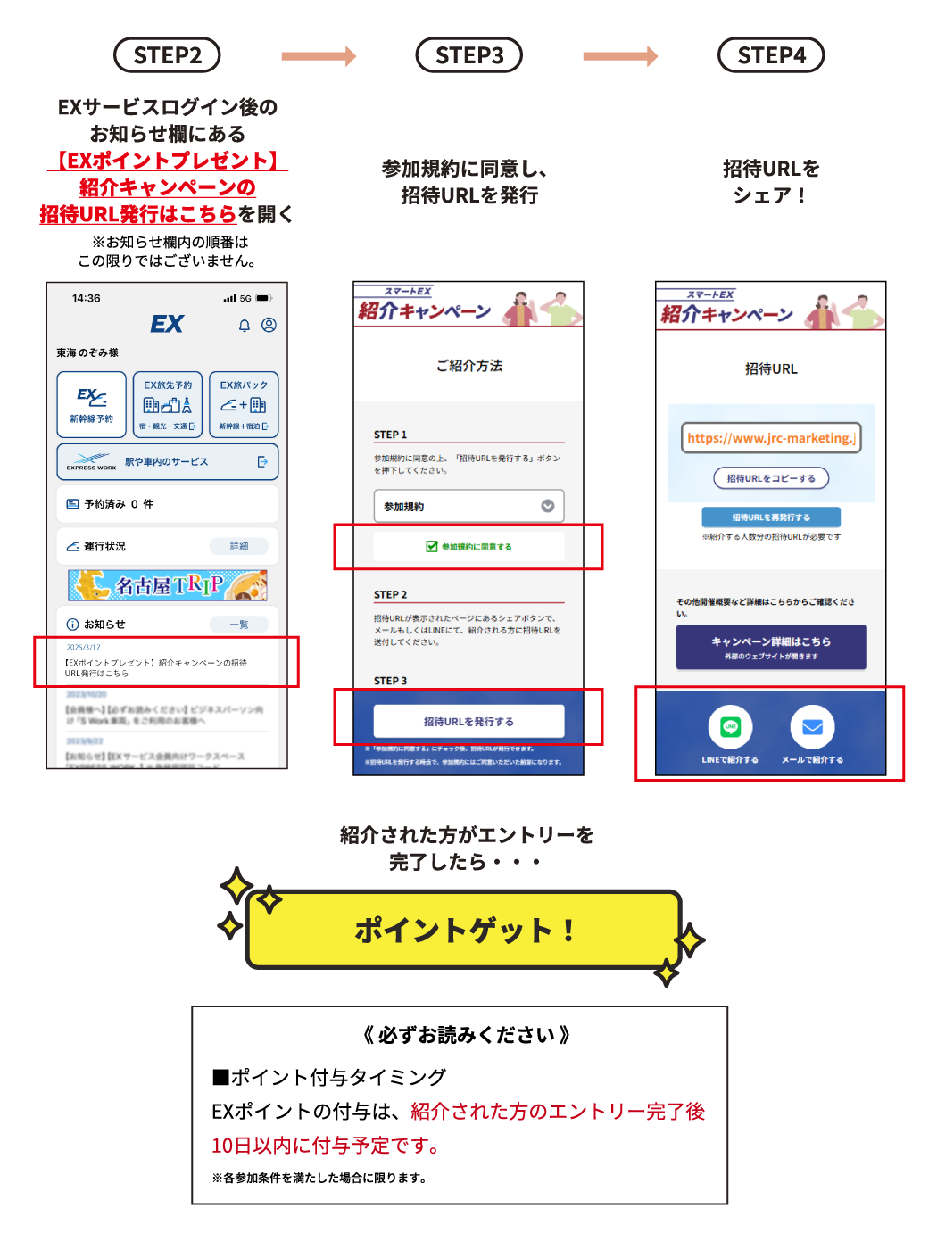 EXポイントの付与は、紹介される方のエントリー完了後10日以内に付与予定です。